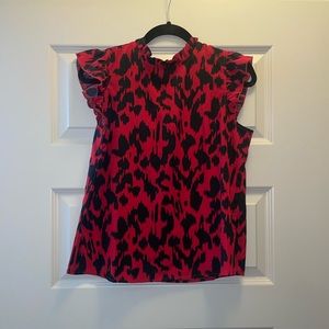 Black and Red Abstract Pattern Ruffle Blouse Small Short Sleeve